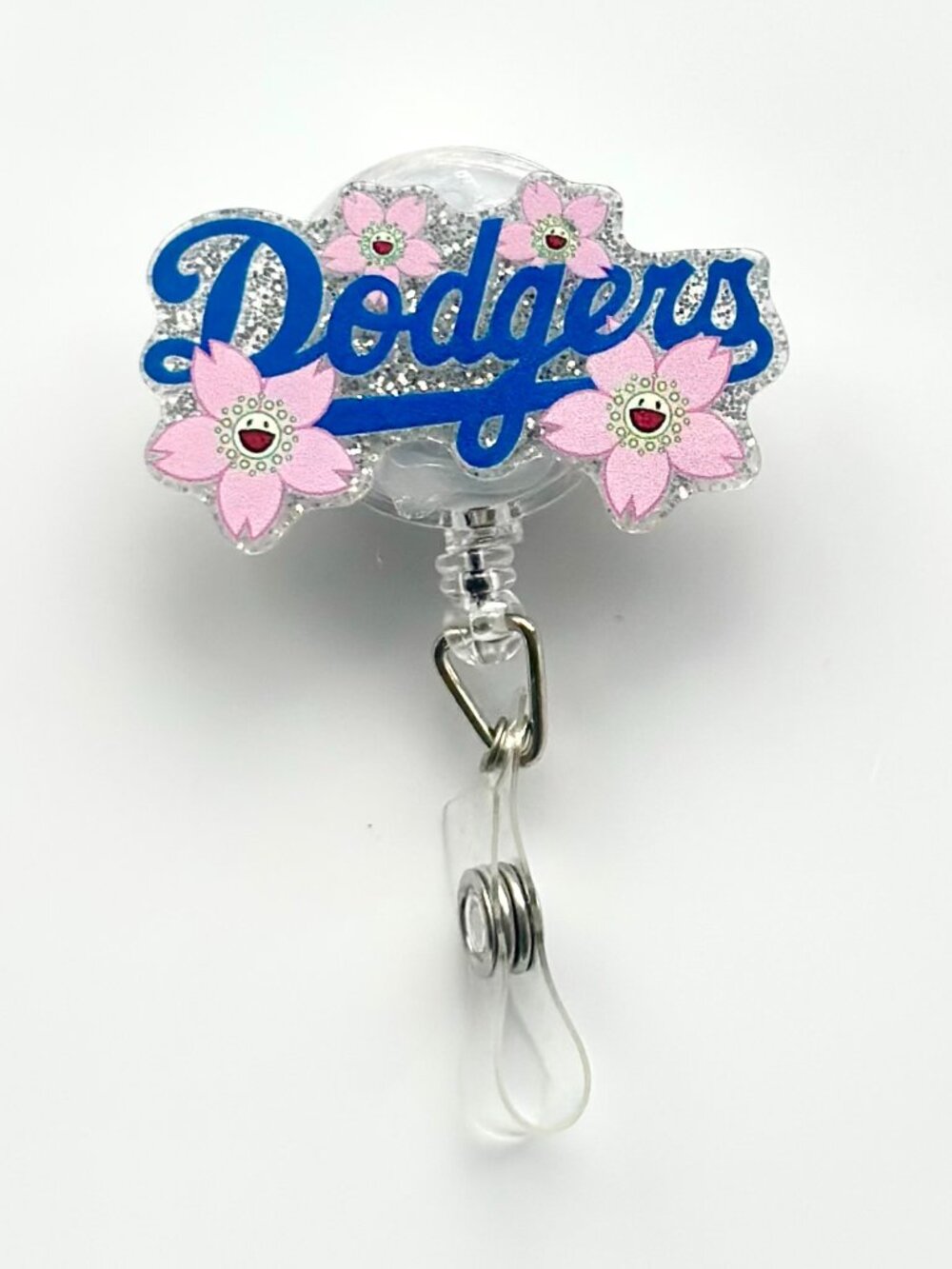 Los Angeles Dodgers Badge Reel with pink cherry blossom flowers